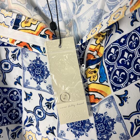 Never Fully Dressed Amalfi Tile Print High Rise Shorts Blue Yellow Boho Size 18 - Picture 7 of 10